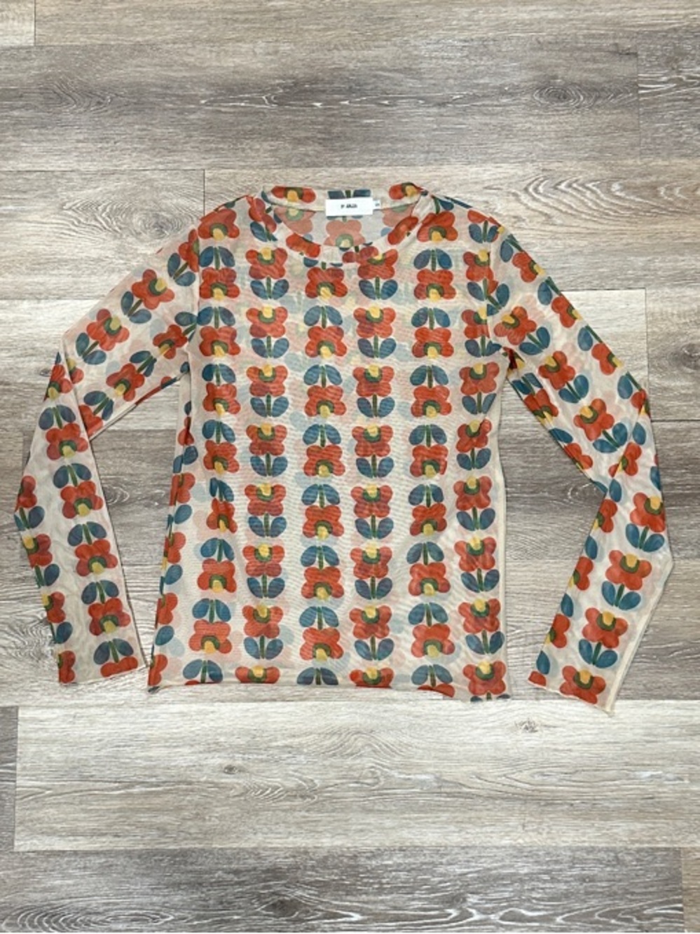 Sheer top in Beige with Orange & Teal Floral Print